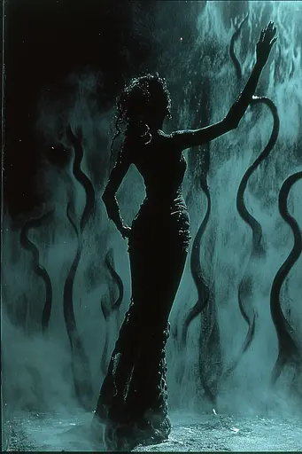 Midjourney generated image using SREF code Moldshift: A woman in a black dress standing in front of a waterfall.
