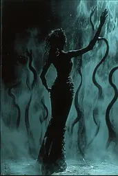Midjourney generated image using SREF code Moldshift: A woman in a black dress standing in front of a waterfall.