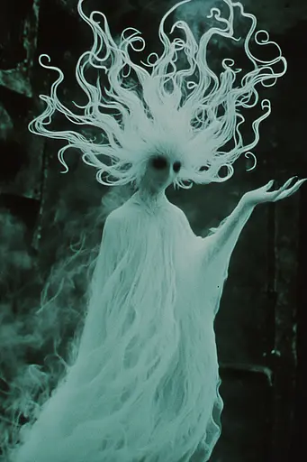 Midjourney generated image using SREF code Moldshift: A woman in a white dress with long white hair.