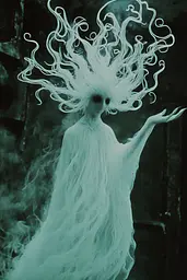 Midjourney generated image using SREF code Moldshift: A woman in a white dress with long white hair.