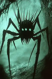 Midjourney generated image using SREF code Moldshift: A large spider that is sitting in the water.