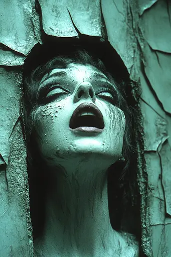 Midjourney generated image using SREF code Moldshift: A woman with her mouth open in a hole in a wall.