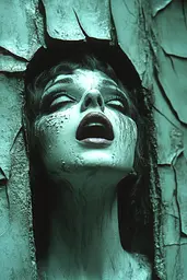 Midjourney generated image using SREF code Moldshift: A woman with her mouth open in a hole in a wall.