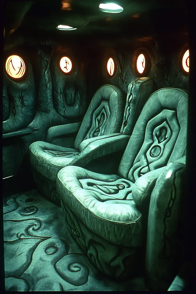 Midjourney generated image using SREF code Moldshift: A row of green reclining chairs in a dark room.