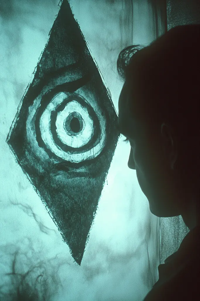 Midjourney generated image using SREF code Moldshift: A man looking at a drawing of an eye on a wall.