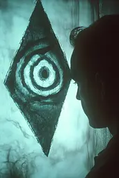 Midjourney generated image using SREF code Moldshift: A man looking at a drawing of an eye on a wall.