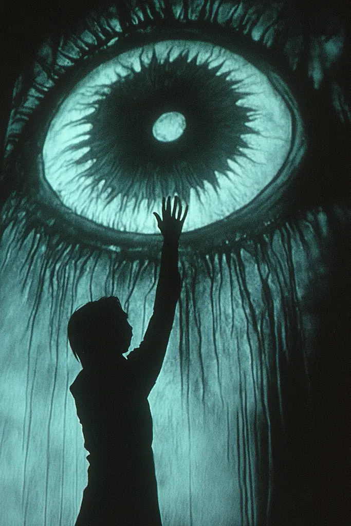 Midjourney generated image using SREF code Moldshift: A silhouette of a person reaching up to a large eye.