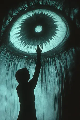 Midjourney generated image using SREF code Moldshift: A silhouette of a person reaching up to a large eye.