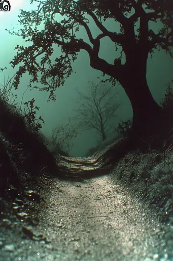 Midjourney generated image using SREF code Moldshift: A dirt road in the middle of a foggy forest.