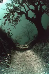 Midjourney generated image using SREF code Moldshift: A dirt road in the middle of a foggy forest.