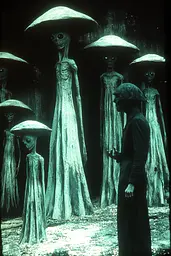 Midjourney generated image using SREF code Moldshift: A group of aliens standing next to each other holding umbrellas.