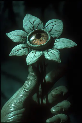 Midjourney generated image using SREF code Moldshift: A close up of a person's hand holding a flower.