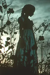 Midjourney generated image using SREF code Moldshift: A silhouette of a woman standing in a field of flowers.