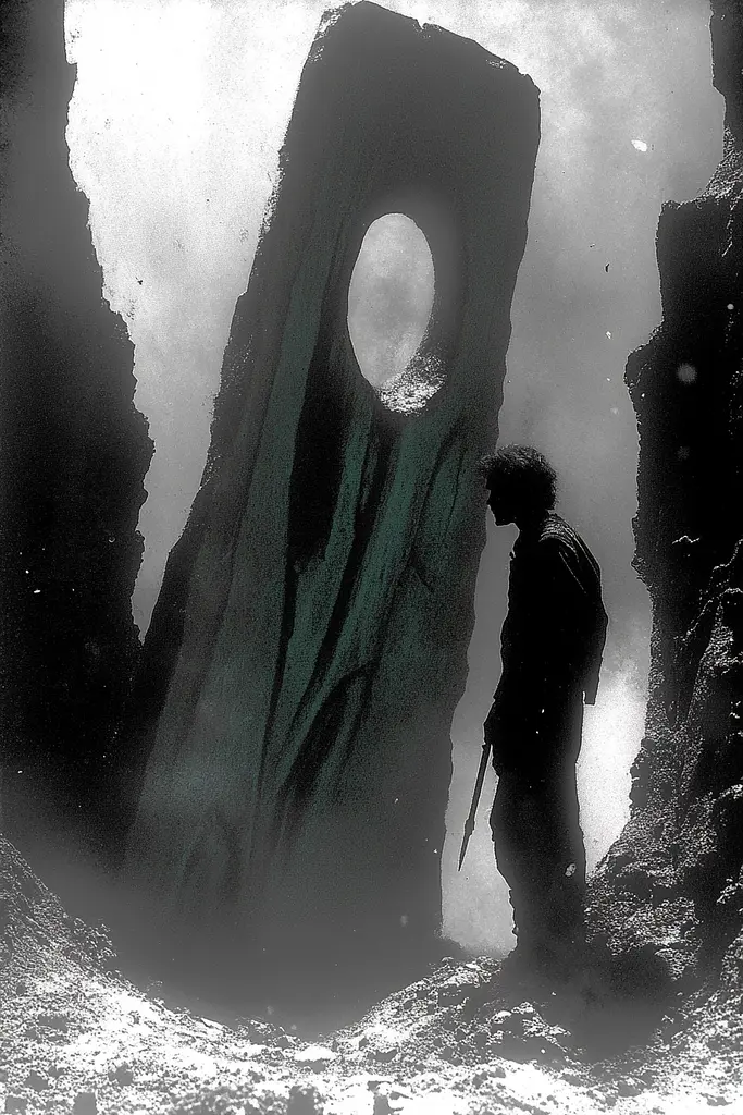 Midjourney generated image using SREF code Moldshift: A man standing in front of a large rock formation.