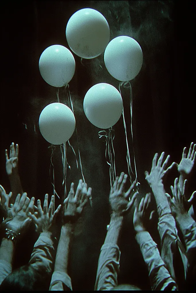 Midjourney generated image using SREF code Moldshift: A group of people holding white balloons in the air.