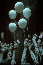 Midjourney generated image using SREF code Moldshift: A group of people holding white balloons in the air.
