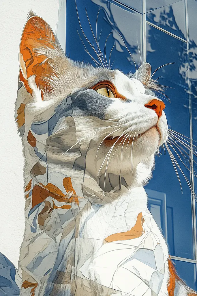 Midjourney generated image using SREF code Chromatic Fusion: A white and orange cat sitting in front of a window.