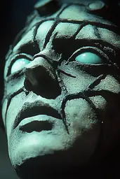 Midjourney generated image using SREF code Moldshift: a close up of a statue of a person with green eyes