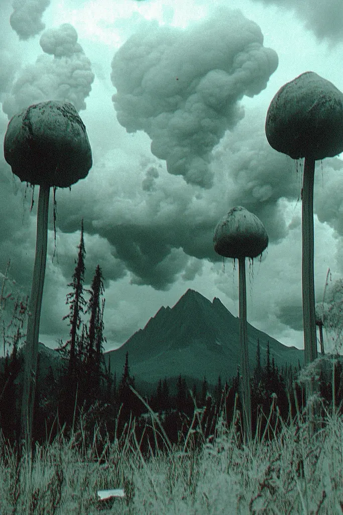Midjourney generated image using SREF code Moldshift: A group of mushrooms in a field with a mountain in the background.