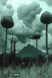 Midjourney generated image using SREF code Moldshift: A group of mushrooms in a field with a mountain in the background.