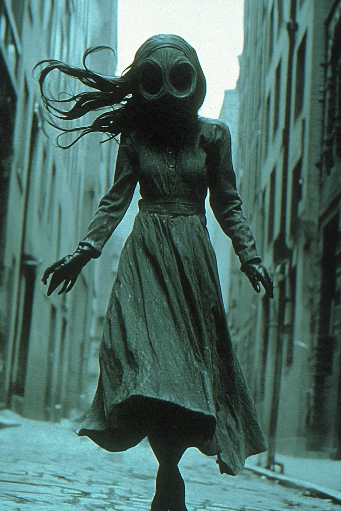 Midjourney generated image using SREF code Moldshift: A woman in a long dress and gas mask walking down a street.