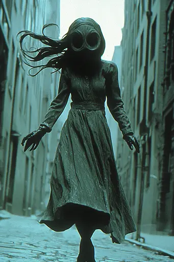 Midjourney generated image using SREF code Moldshift: A woman in a long dress and gas mask walking down a street.