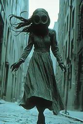 Midjourney generated image using SREF code Moldshift: A woman in a long dress and gas mask walking down a street.