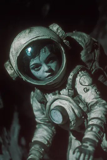 Midjourney generated image using SREF code Moldshift: A black and white photo of a child in an astronaut suit.