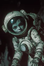 Midjourney generated image using SREF code Moldshift: A black and white photo of a child in an astronaut suit.