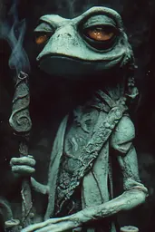 Midjourney generated image using SREF code Moldshift: A statue of a frog holding a staff in his hand.