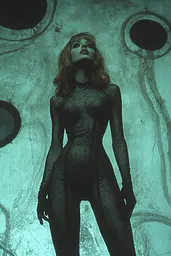 Midjourney generated image using SREF code Moldshift: A woman in a black bodysuit standing in front of a wall.