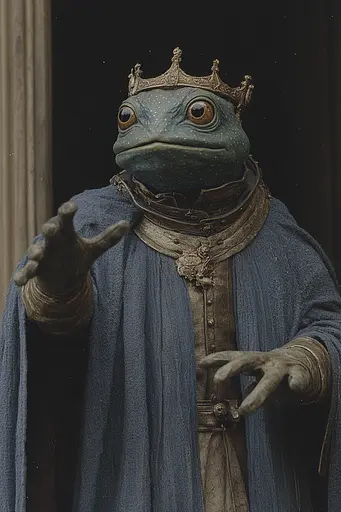 Midjourney generated image using SREF code Medieval Redux: A frog wearing a crown and a blue robe.