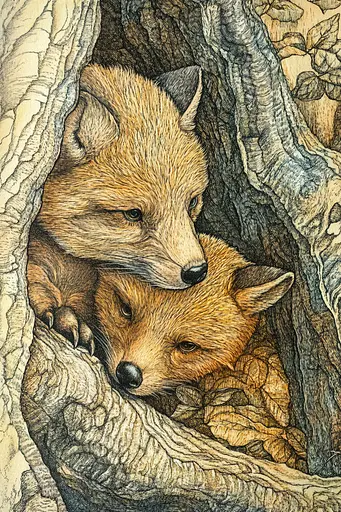 Midjourney generated image using SREF code Grit and Glow: A drawing of two foxes in a tree. 