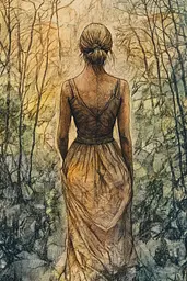 Midjourney generated image using SREF code Grit and Glow: A drawing of a woman in a long dress in the woods.