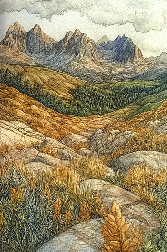 Midjourney generated image using SREF code Grit and Glow: A drawing of a landscape with mountains in the background.