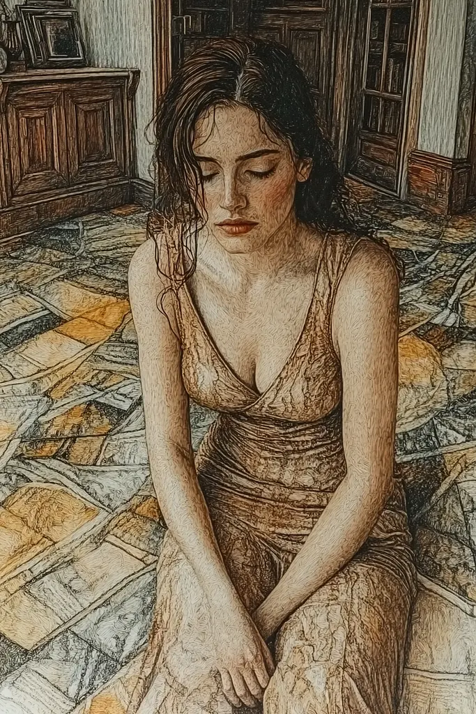 Midjourney generated image using SREF code Grit and Glow: A drawing of a woman sitting on the floor.