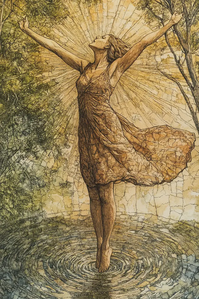 Midjourney generated image using SREF code Grit and Glow: A drawing of a woman standing in the water with her arms outstretched.