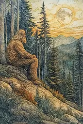 Midjourney generated image using SREF code Grit and Glow: A drawing of a man sitting on a rock in the woods.