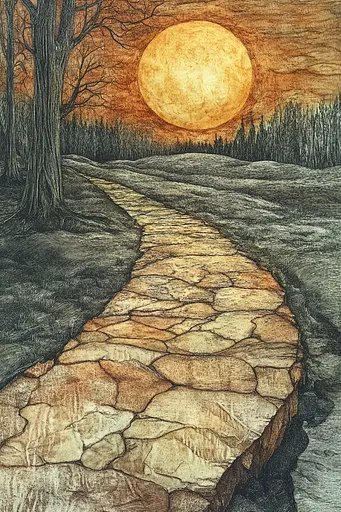 Midjourney generated image using SREF code Grit and Glow: A drawing of a stone path leading to a full moon.