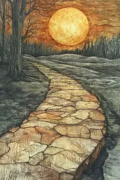 Midjourney generated image using SREF code Grit and Glow: A drawing of a stone path leading to a full moon.