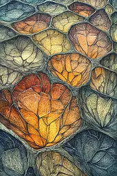 Midjourney generated image using SREF code Grit and Glow: a close up of a stained glass window with leaves on it