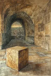 Midjourney generated image using SREF code Grit and Glow: A drawing of a stone cube in an archway with a view of a city.