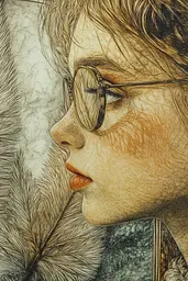 Midjourney generated image using SREF code Grit and Glow: A drawing of a woman with glasses and a feather.