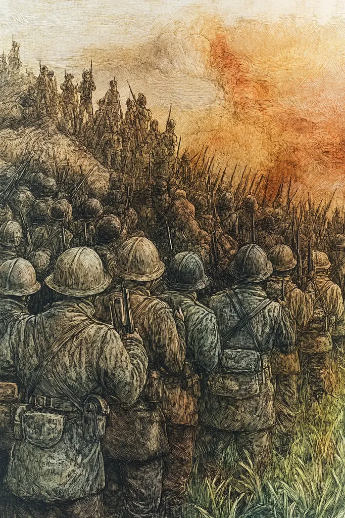 Midjourney generated image using SREF code Grit and Glow: A drawing of a group of soldiers standing in a field.