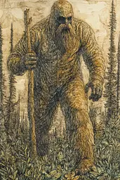 Midjourney generated image using SREF code Grit and Glow: A drawing of a bigfoot holding a stick in a forest.