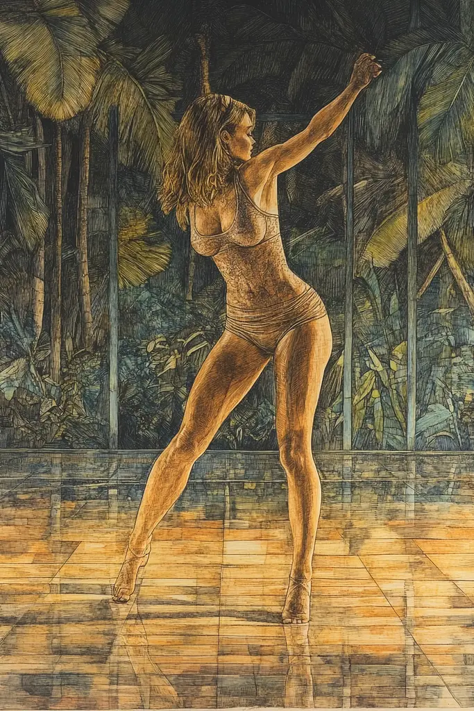 Midjourney generated image using SREF code Grit and Glow: A drawing of a woman in a bathing suit dancing.