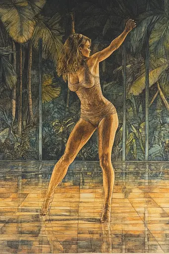 Midjourney generated image using SREF code Grit and Glow: A drawing of a woman in a bathing suit dancing.