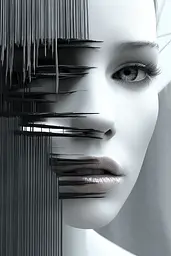 Midjourney generated image using SREF code Clockwork Monochromatic: A close up of a woman's face with black and white lines on it.