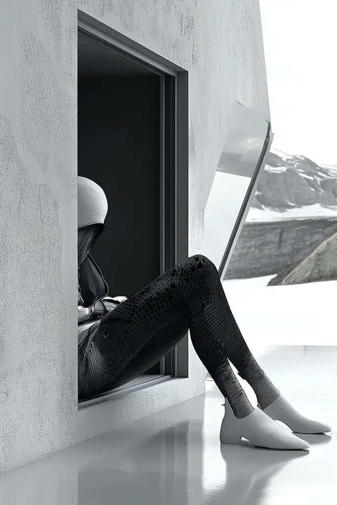 Midjourney generated image using SREF code Clockwork Monochromatic: A woman sitting on a window sill looking out of a window.