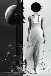 Midjourney generated image using SREF code Clockwork Monochromatic: A woman in a white dress standing in front of a black and white background.